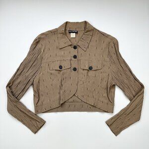 Vintage Tan Crinkle Button Crop Jacket Boho Western Office Blazer